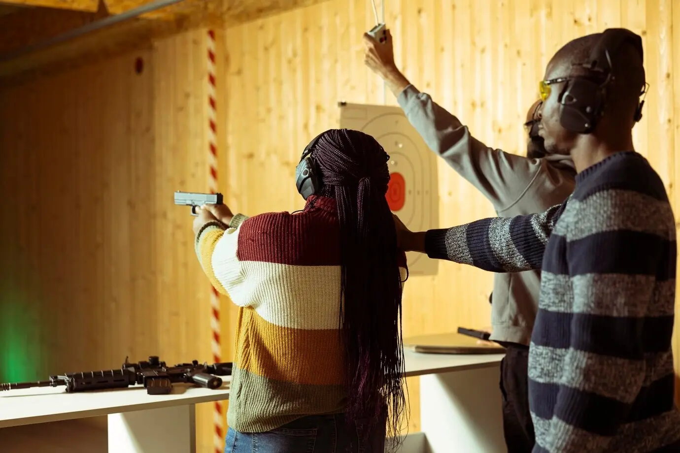 Fachkraft am Schießstand beaufsichtigt die Anlage, während Kunden Waffen verwenden.