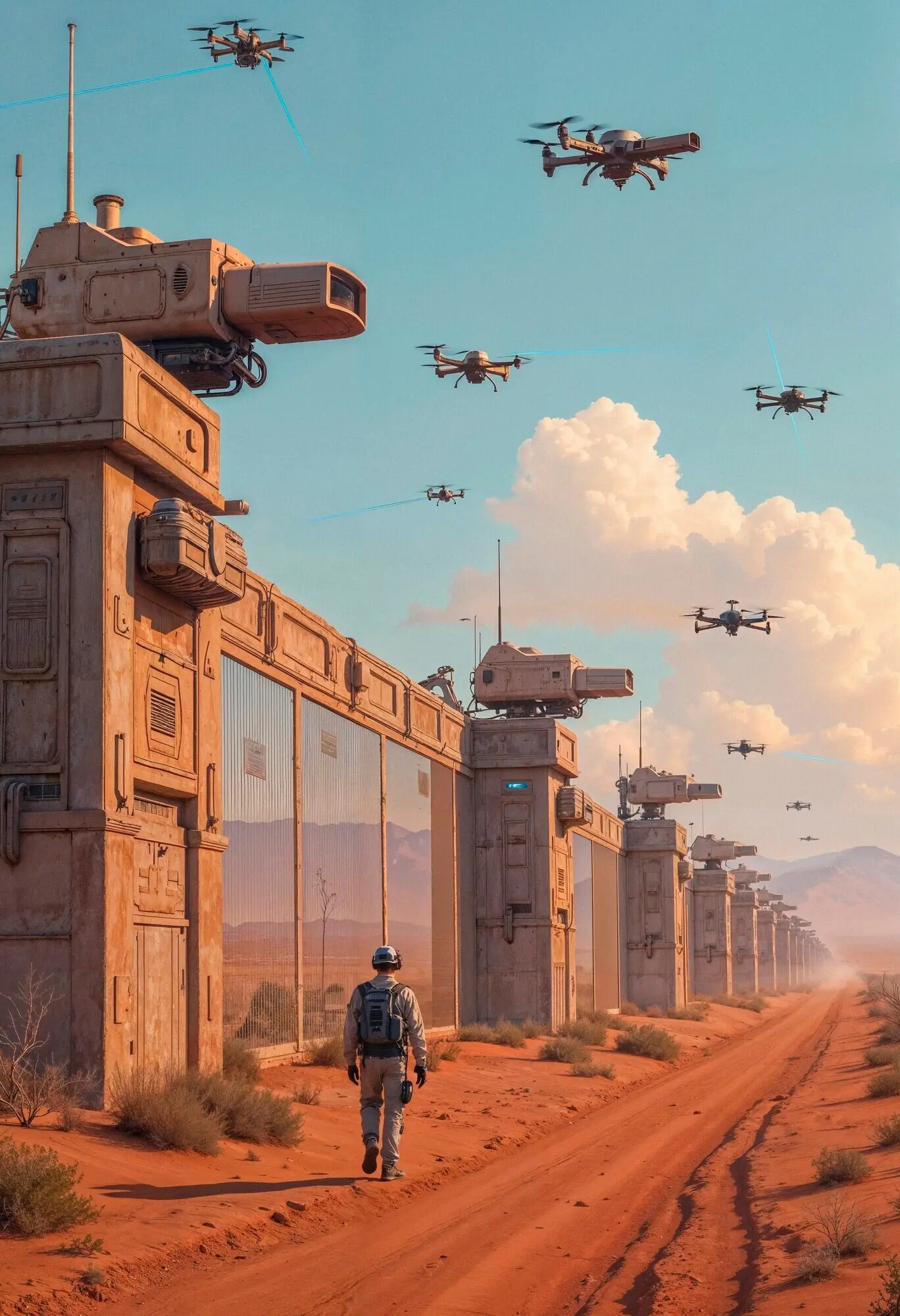 Ein Soldat geht in einer futuristischen Wüste mit einer Drohnenpatrouille.